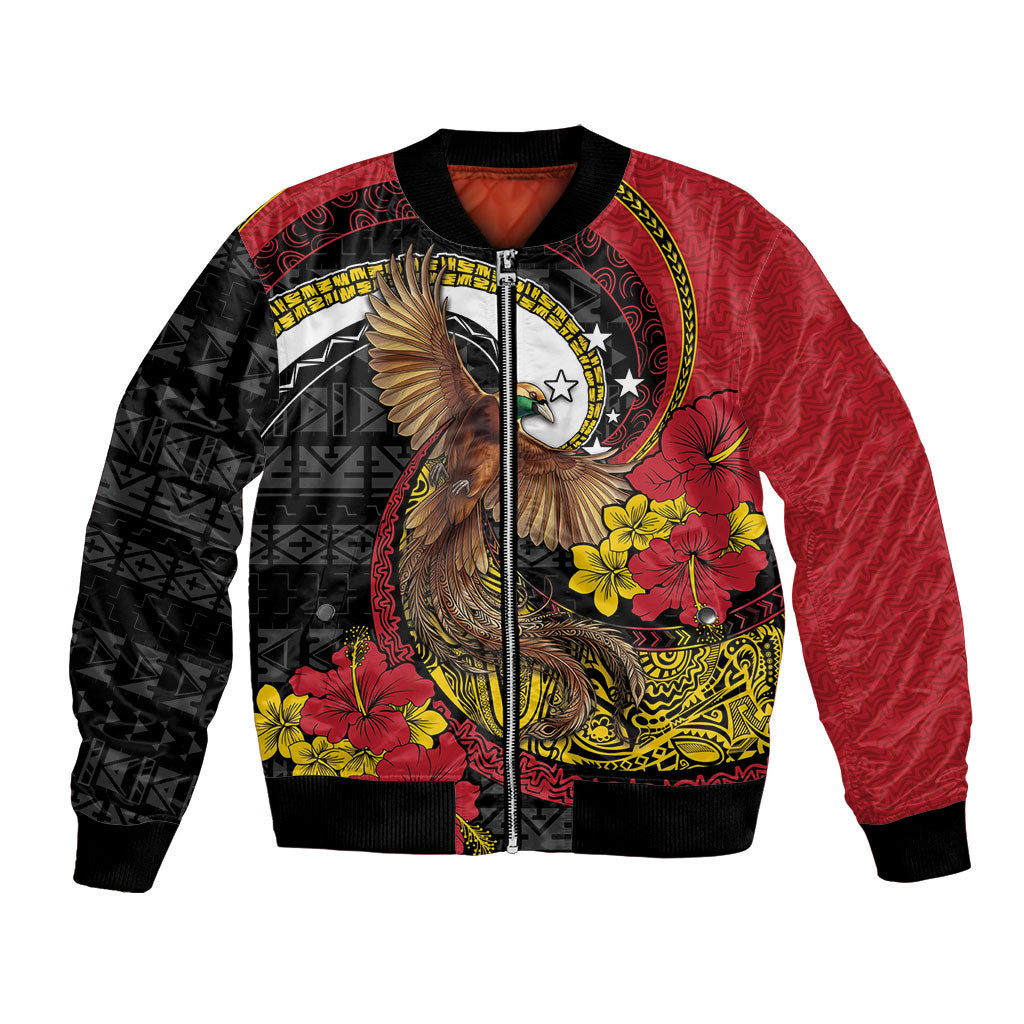 Personalised Papua New Guinea Language Week Bomber Jacket Bird Of Paradise Tribal Floral Pattern