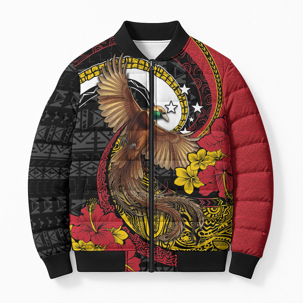 Personalised Papua New Guinea Language Week Bomber Puffer Jacket Bird Of Paradise Tribal Floral Pattern DT05 Unisex Black - Polynesian Pride