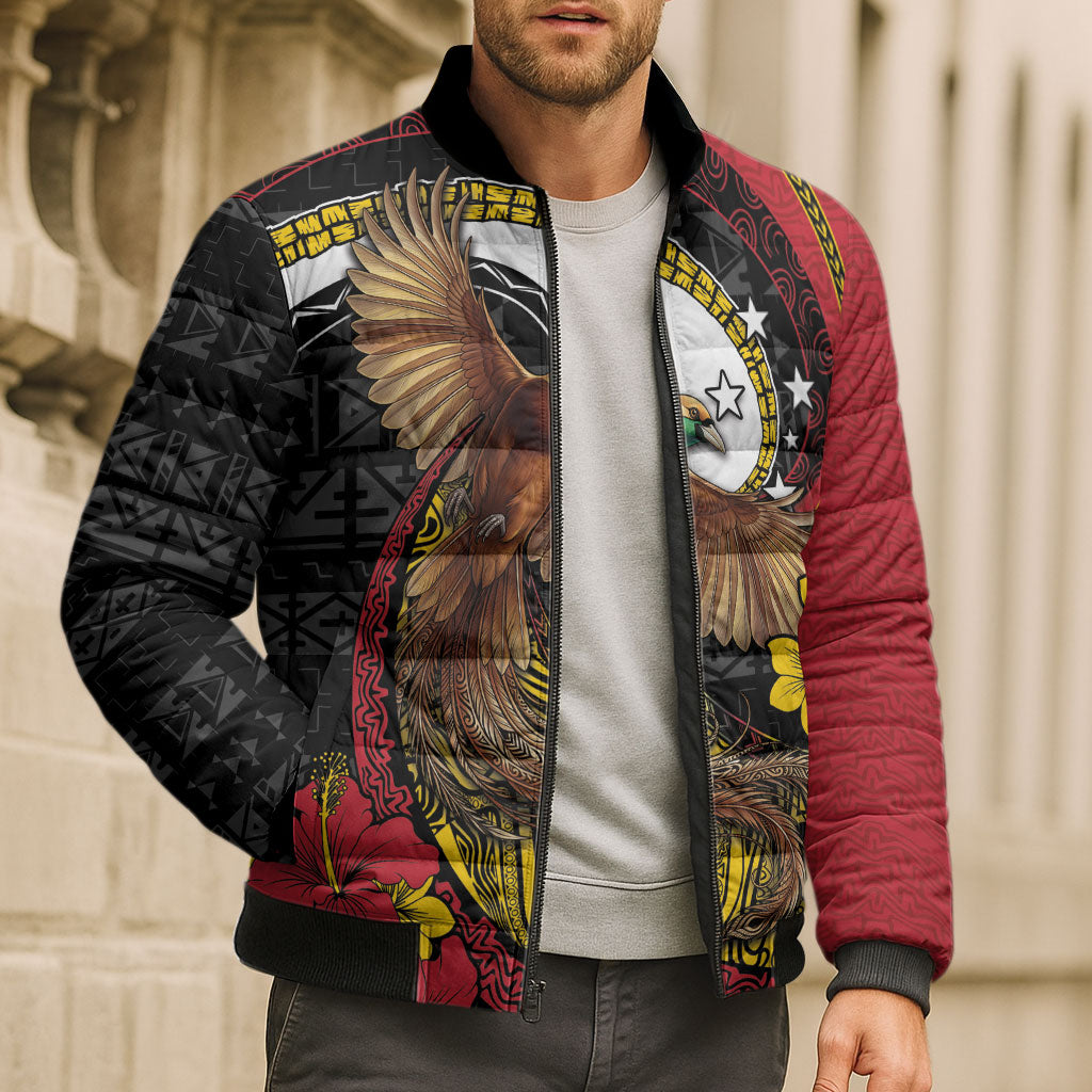 Personalised Papua New Guinea Language Week Bomber Puffer Jacket Bird Of Paradise Tribal Floral Pattern DT05 - Polynesian Pride