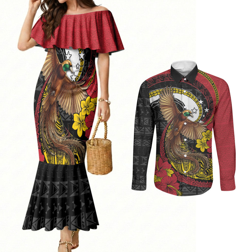 Personalised Papua New Guinea Language Week Couples Matching Mermaid Dress and Long Sleeve Button Shirt Bird Of Paradise Tribal Floral Pattern