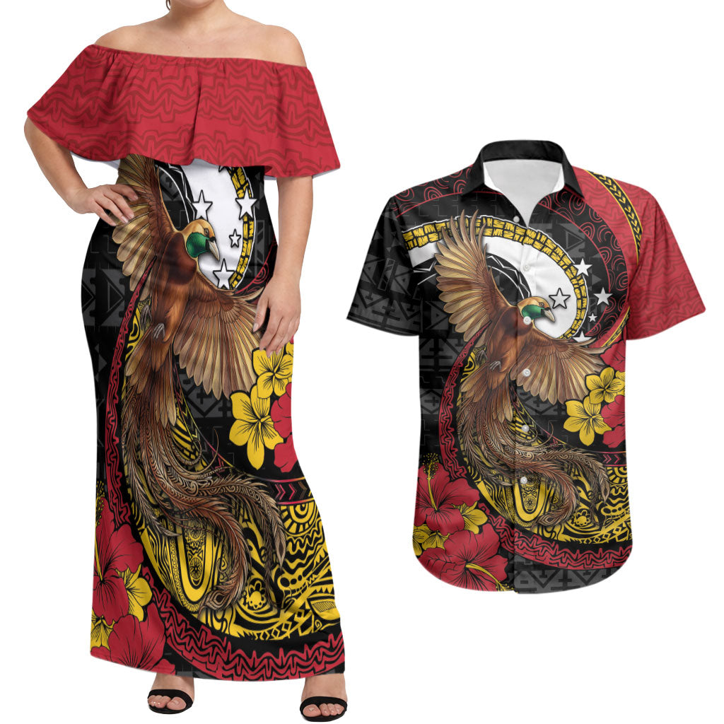 Personalised Papua New Guinea Language Week Couples Matching Off Shoulder Maxi Dress and Hawaiian Shirt Bird Of Paradise Tribal Floral Pattern DT05 Black - Polynesian Pride