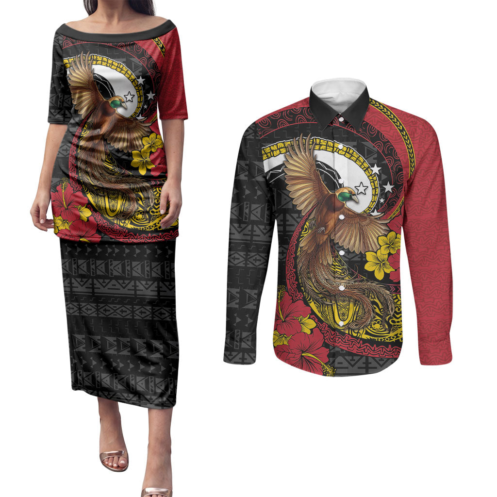 Personalised Papua New Guinea Language Week Couples Matching Puletasi and Long Sleeve Button Shirt Bird Of Paradise Tribal Floral Pattern