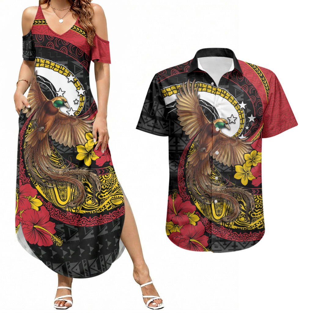 Personalised Papua New Guinea Language Week Couples Matching Summer Maxi Dress and Hawaiian Shirt Bird Of Paradise Tribal Floral Pattern