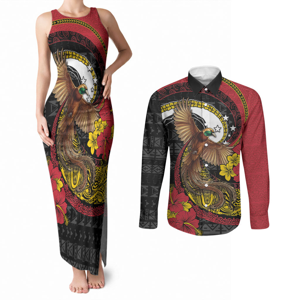 Personalised Papua New Guinea Language Week Couples Matching Tank Maxi Dress and Long Sleeve Button Shirt Bird Of Paradise Tribal Floral Pattern
