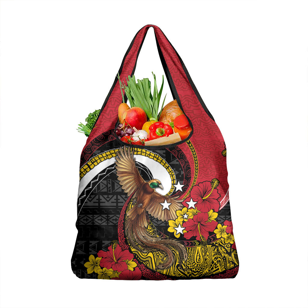 Papua New Guinea Language Week Grocery Bag Bird Of Paradise Tribal Floral Pattern DT05 1-pack One Size Black - Polynesian Pride