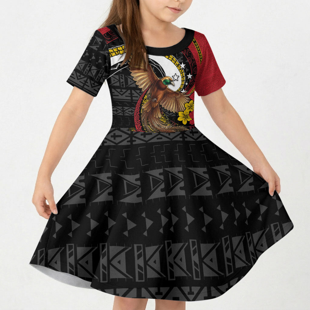 Personalised Papua New Guinea Language Week Kid Short Sleeve Dress Bird Of Paradise Tribal Floral Pattern DT05 KID Black - Polynesian Pride