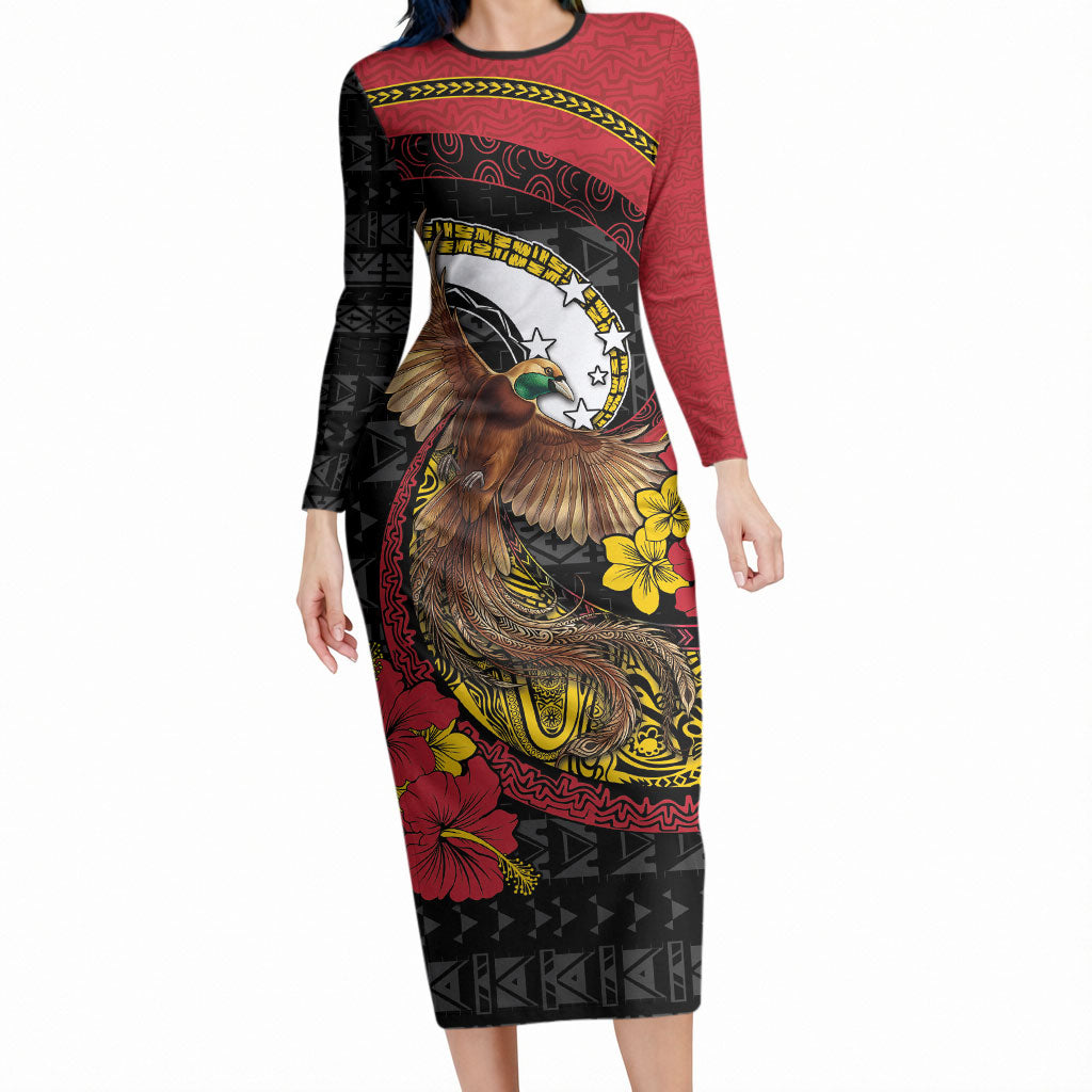 Personalised Papua New Guinea Language Week Long Sleeve Bodycon Dress Bird Of Paradise Tribal Floral Pattern DT05 Long Dress Black - Polynesian Pride