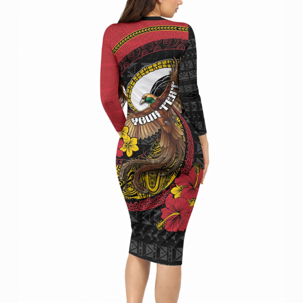 Personalised Papua New Guinea Language Week Long Sleeve Bodycon Dress Bird Of Paradise Tribal Floral Pattern DT05 - Polynesian Pride