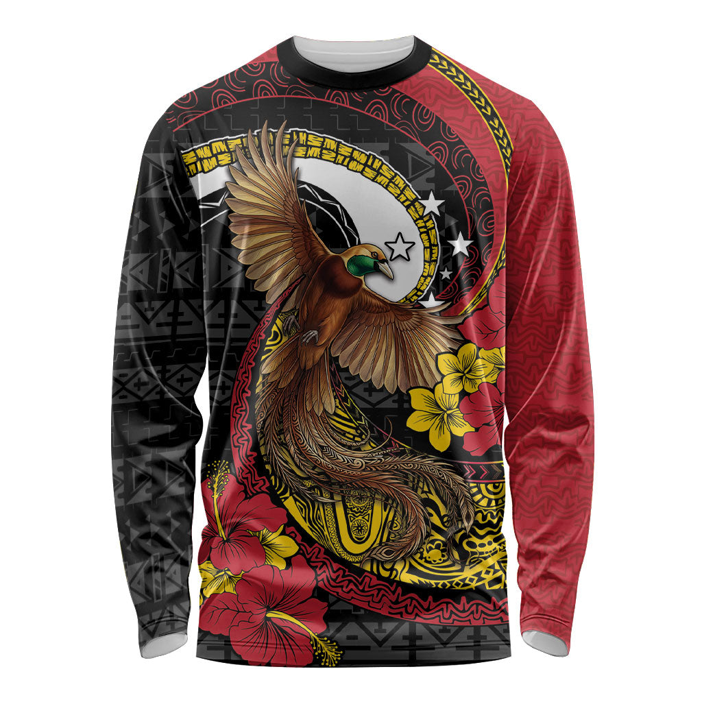 Personalised Papua New Guinea Language Week Long Sleeve Shirt Bird Of Paradise Tribal Floral Pattern DT05 Unisex Black - Polynesian Pride