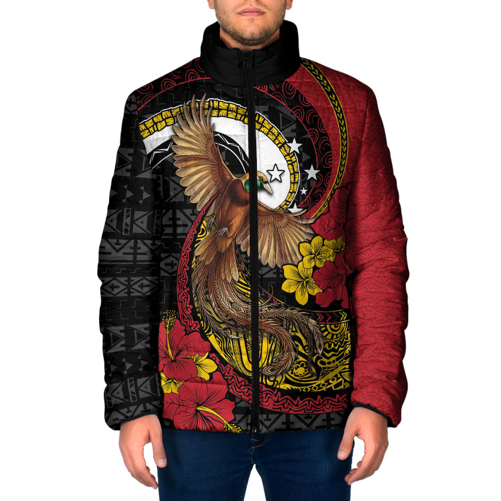 Personalised Papua New Guinea Language Week Padded Jacket Bird Of Paradise Tribal Floral Pattern DT05 Men Black - Polynesian Pride