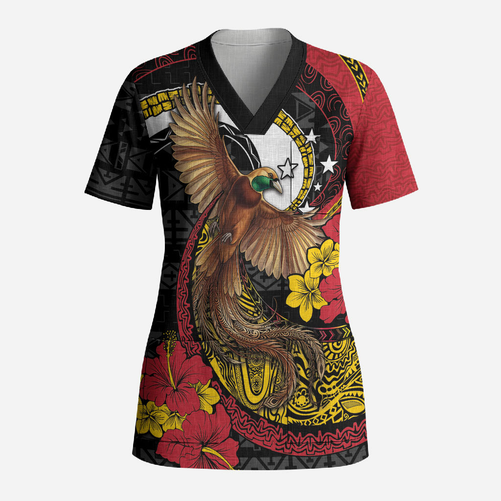 Personalised Papua New Guinea Language Week Scrub Top Bird Of Paradise Tribal Floral Pattern