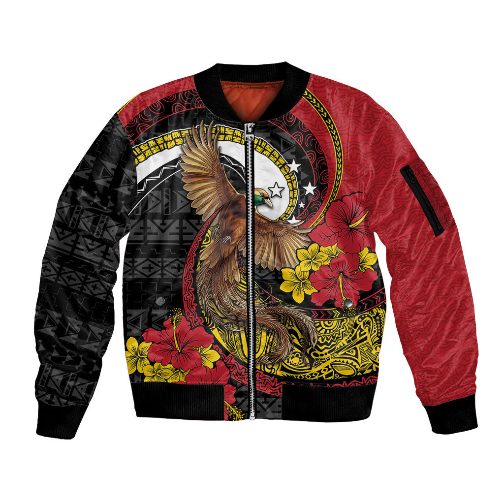Personalised Papua New Guinea Language Week Sleeve Zip Bomber Jacket Bird Of Paradise Tribal Floral Pattern