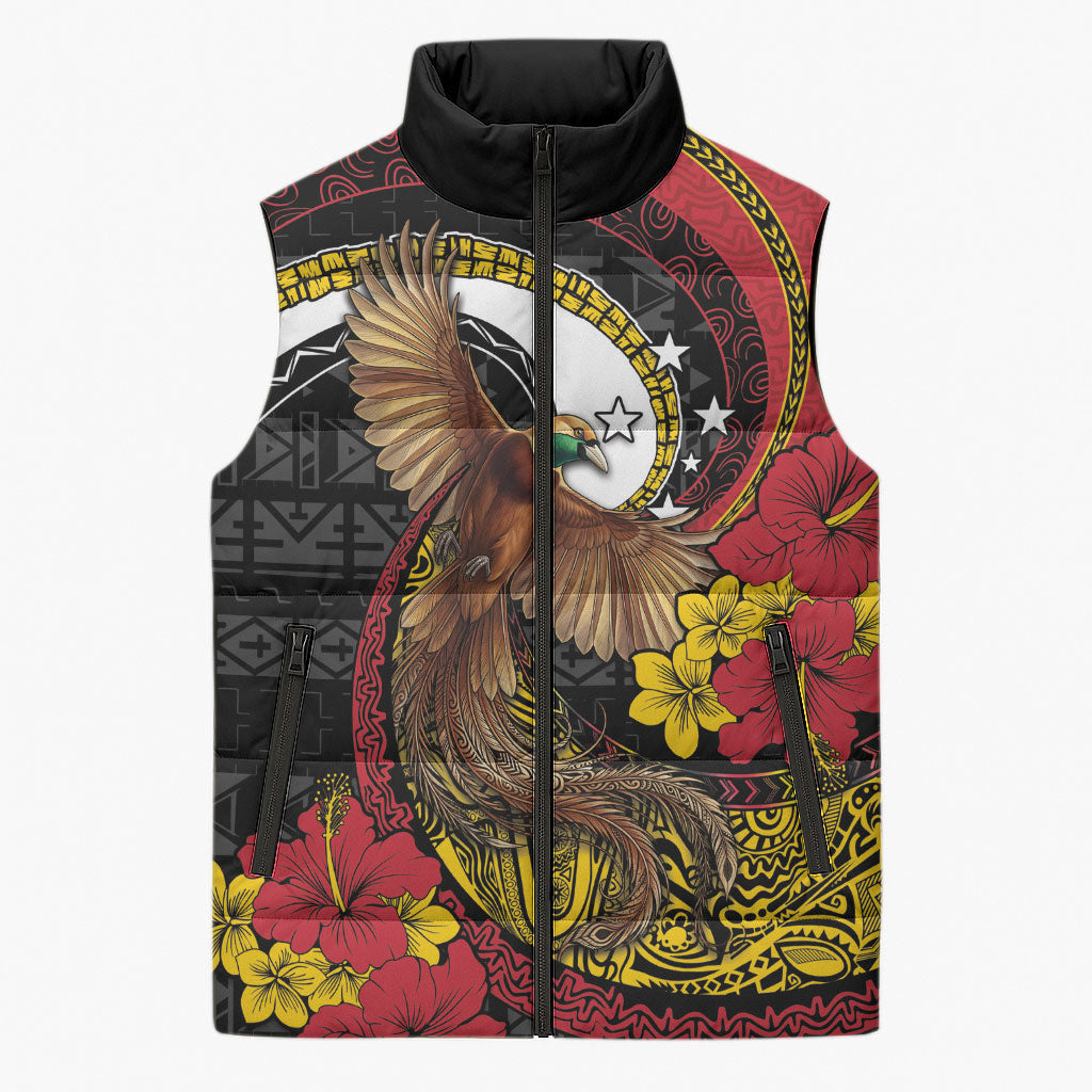 Personalised Papua New Guinea Language Week Sleeveless Puffer Jacket Bird Of Paradise Tribal Floral Pattern DT05 Unisex Black - Polynesian Pride