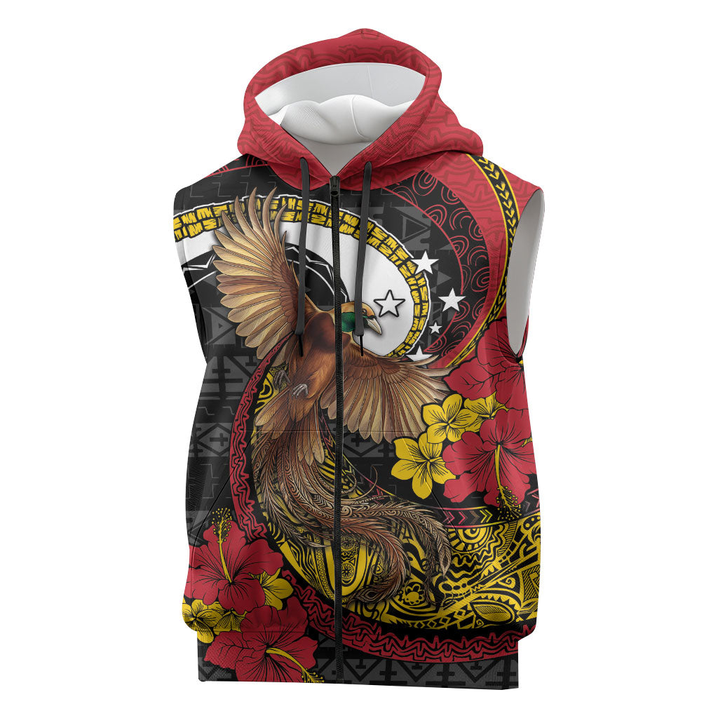 Personalised Papua New Guinea Language Week Sleeveless Zip Hoodie Bird Of Paradise Tribal Floral Pattern DT05 Black - Polynesian Pride