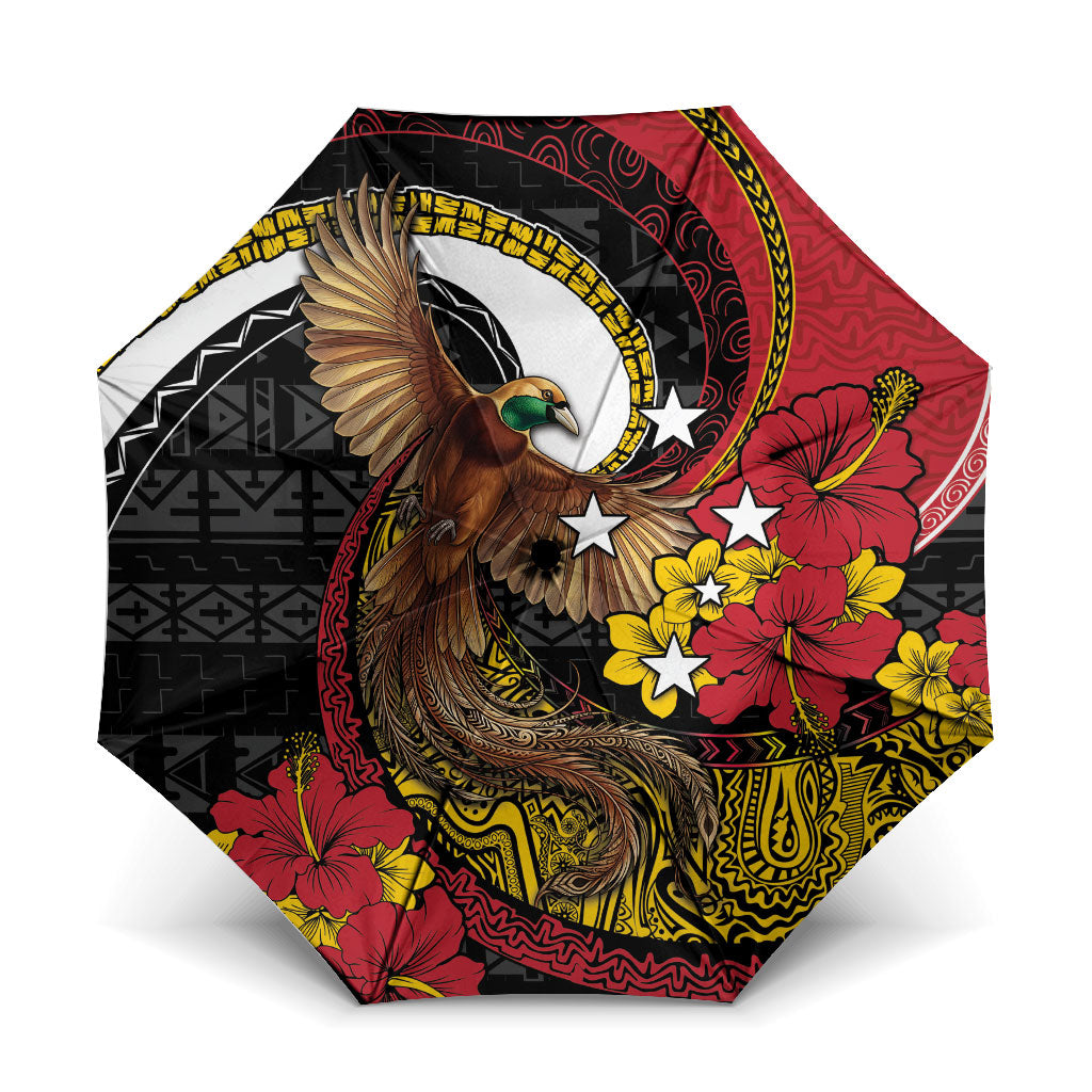 Papua New Guinea Language Week Umbrella Bird Of Paradise Tribal Floral Pattern DT05 One Size Folded 11.42 inch Opened Diameter 37.4 inch Black - Polynesian Pride