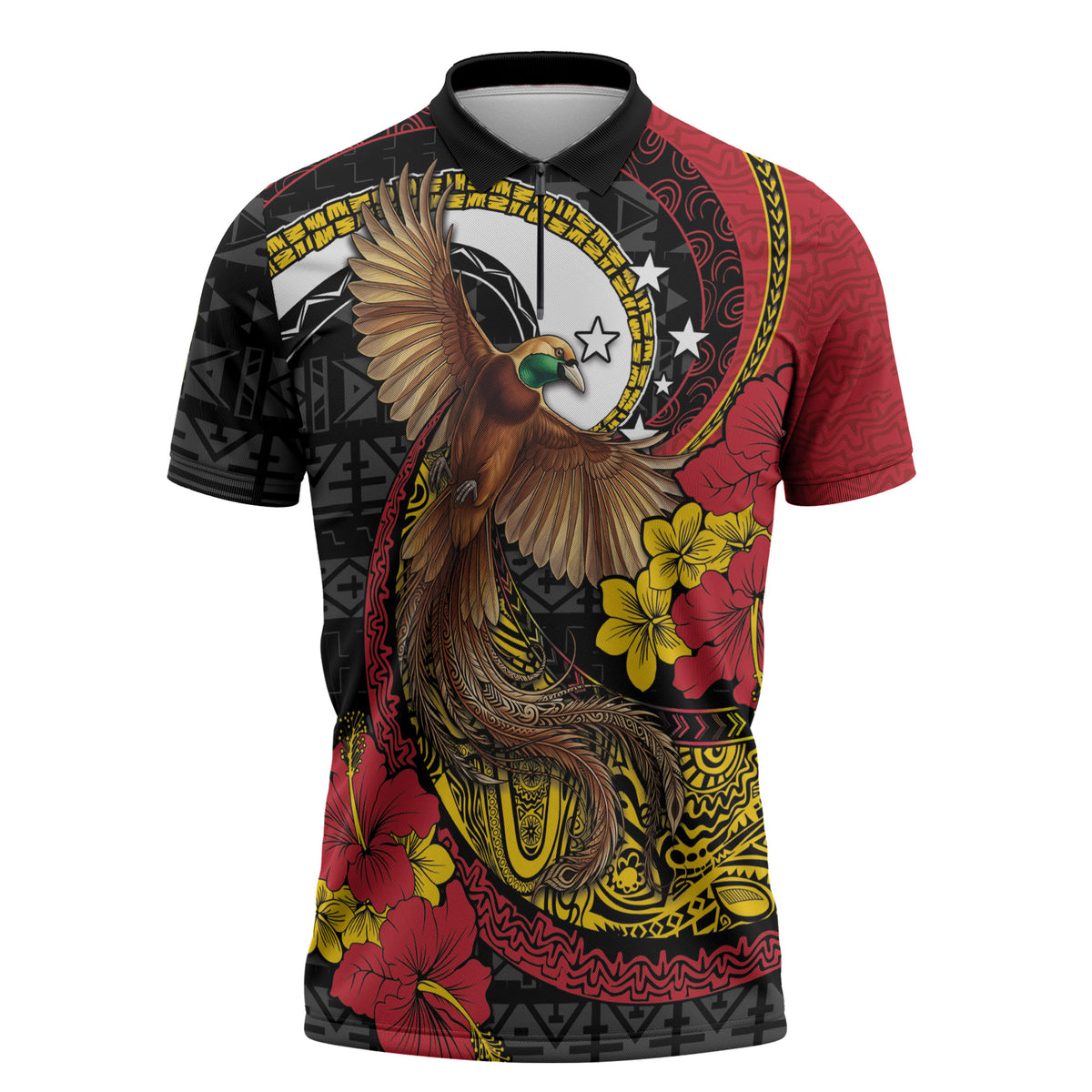Personalised Papua New Guinea Language Week Zipper Polo Shirt Bird Of Paradise Tribal Floral Pattern DT05 Black - Polynesian Pride