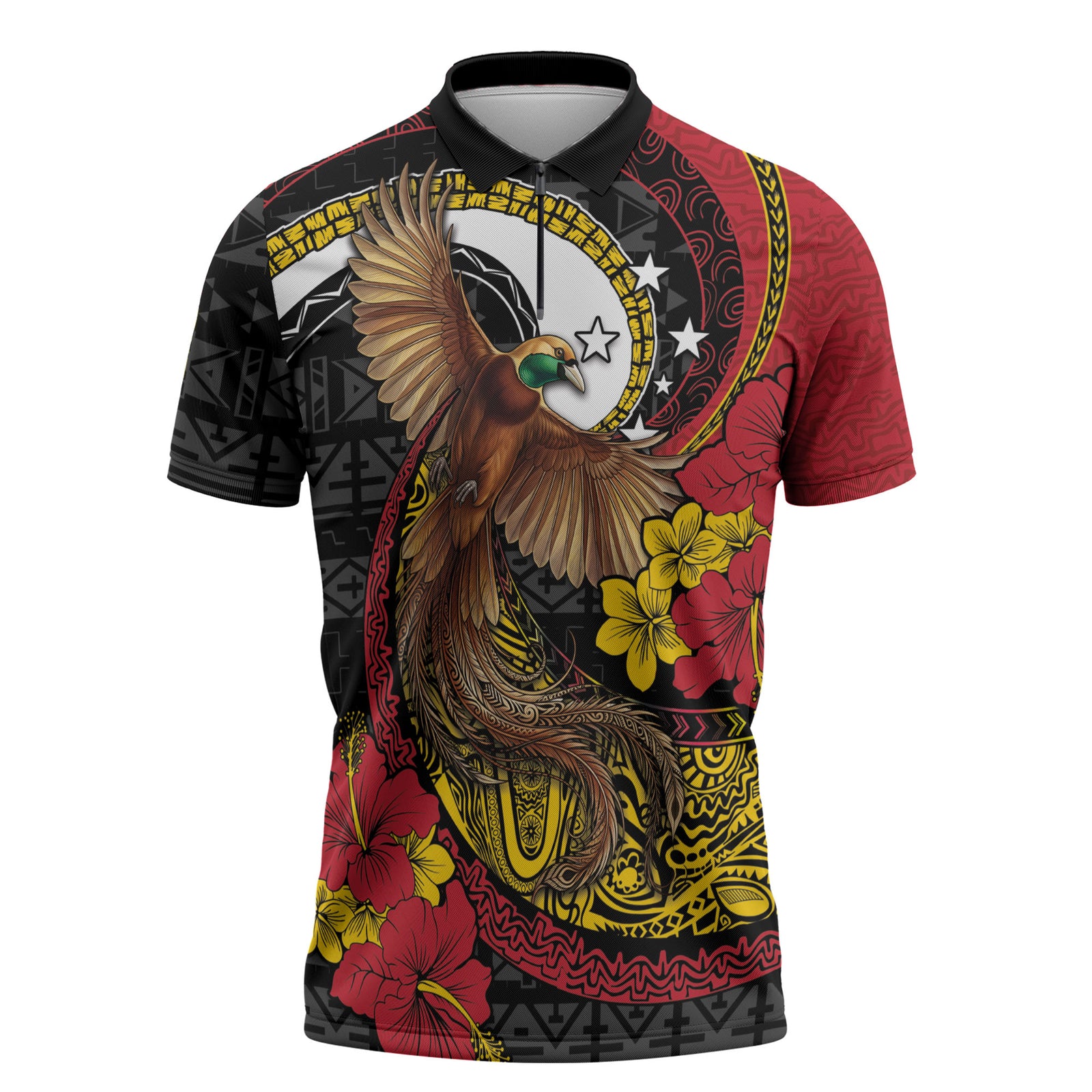 Personalised Papua New Guinea Language Week Zipper Polo Shirt Bird Of Paradise Tribal Floral Pattern