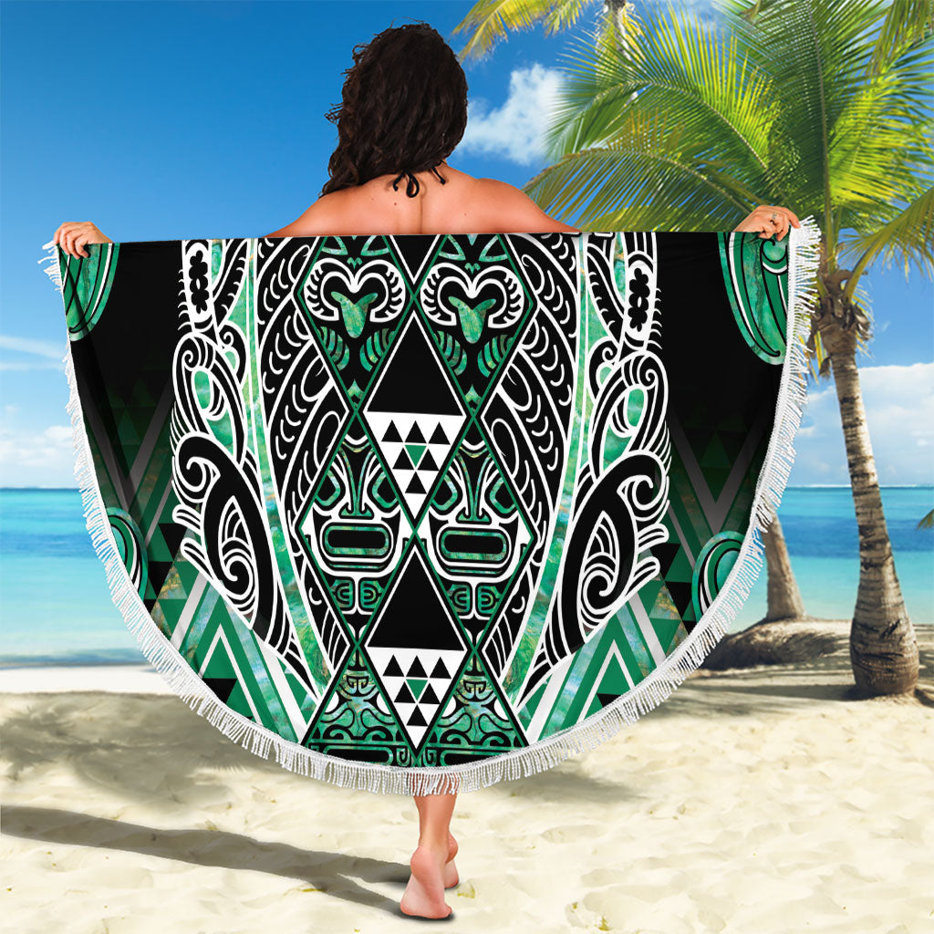 Aotearoa Ngati Awa Beach Blanket Maori Tribal Green Marble Paua Shell Pattern DT05 - Polynesian Pride
