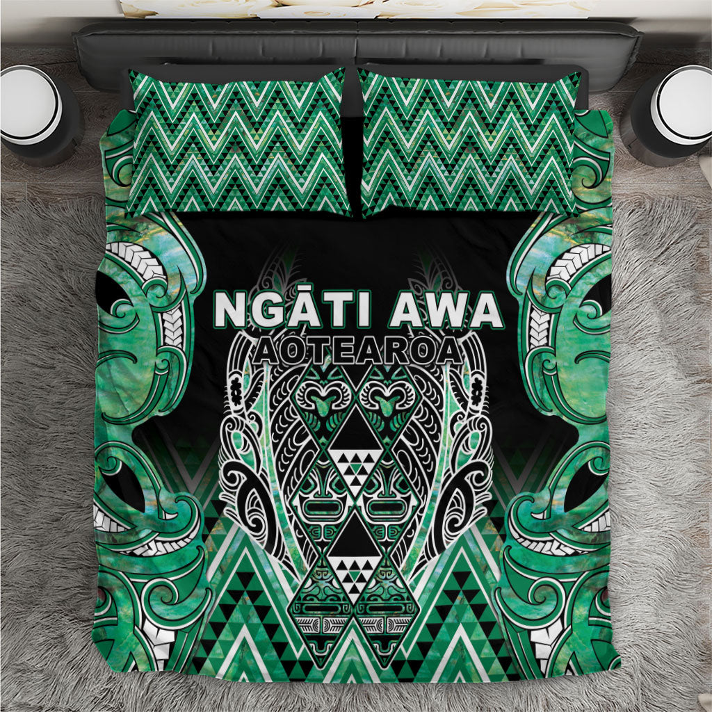 Aotearoa Ngati Awa Bedding Set Maori Tribal Green Marble Paua Shell Pattern
