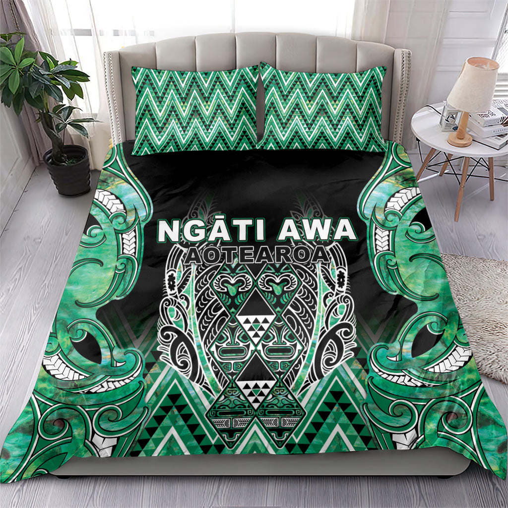 Aotearoa Ngati Awa Bedding Set Maori Tribal Green Marble Paua Shell Pattern