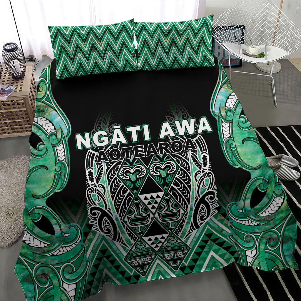 Aotearoa Ngati Awa Bedding Set Maori Tribal Green Marble Paua Shell Pattern