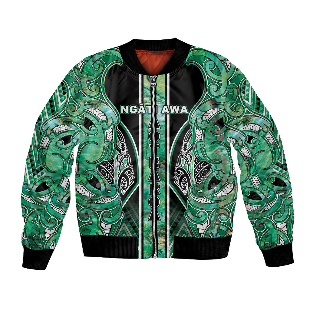Aotearoa Ngati Awa Bomber Jacket Maori Tribal Green Marble Paua Shell Pattern