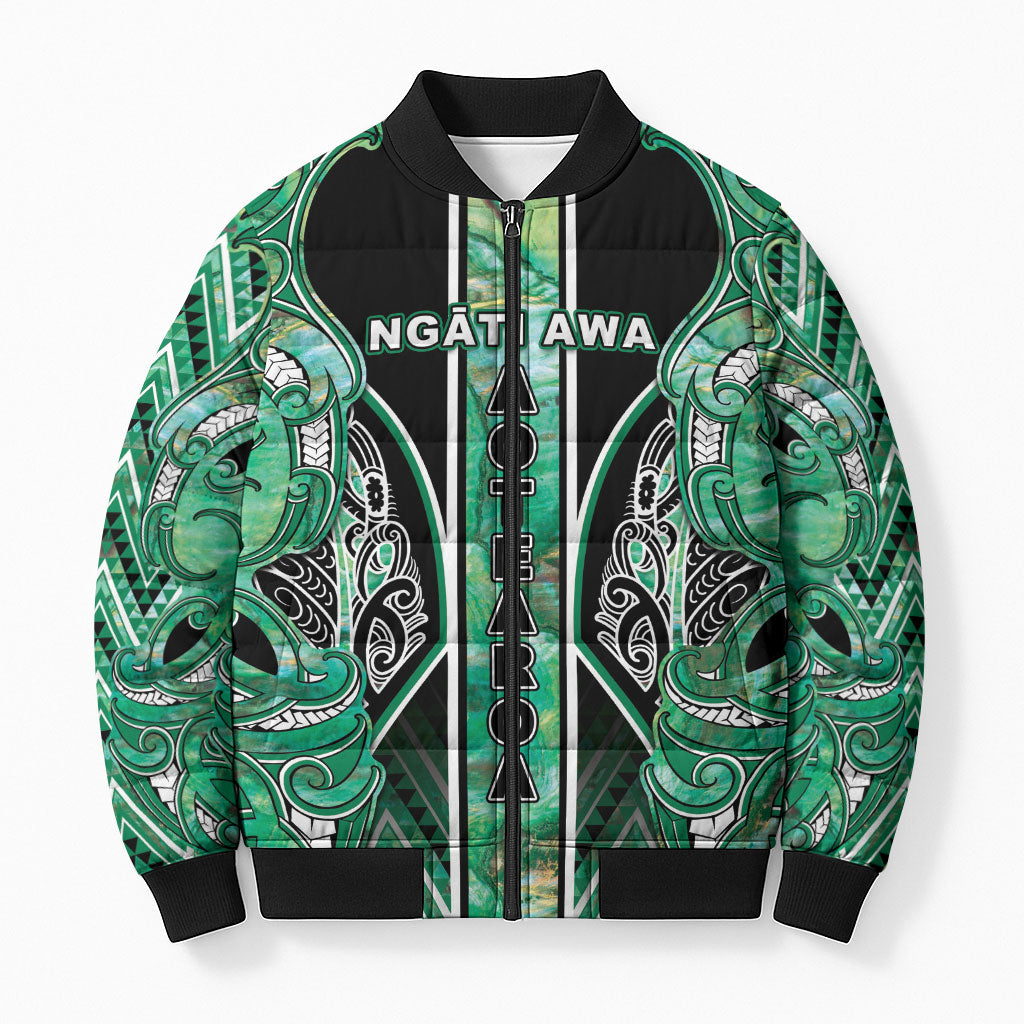 Aotearoa Ngati Awa Bomber Puffer Jacket Maori Tribal Green Marble Paua Shell Pattern DT05 Unisex Green - Polynesian Pride