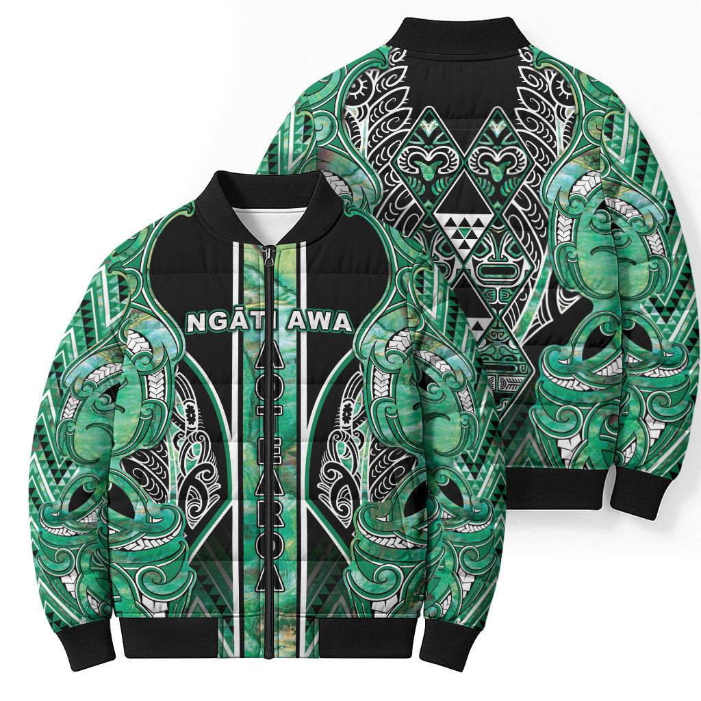 Aotearoa Ngati Awa Bomber Puffer Jacket Maori Tribal Green Marble Paua Shell Pattern DT05 - Polynesian Pride