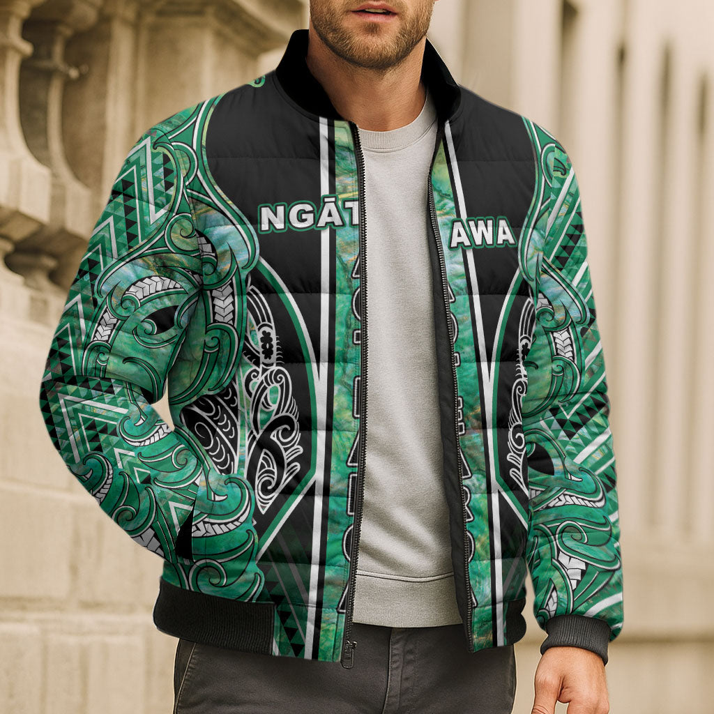 Aotearoa Ngati Awa Bomber Puffer Jacket Maori Tribal Green Marble Paua Shell Pattern DT05 - Polynesian Pride