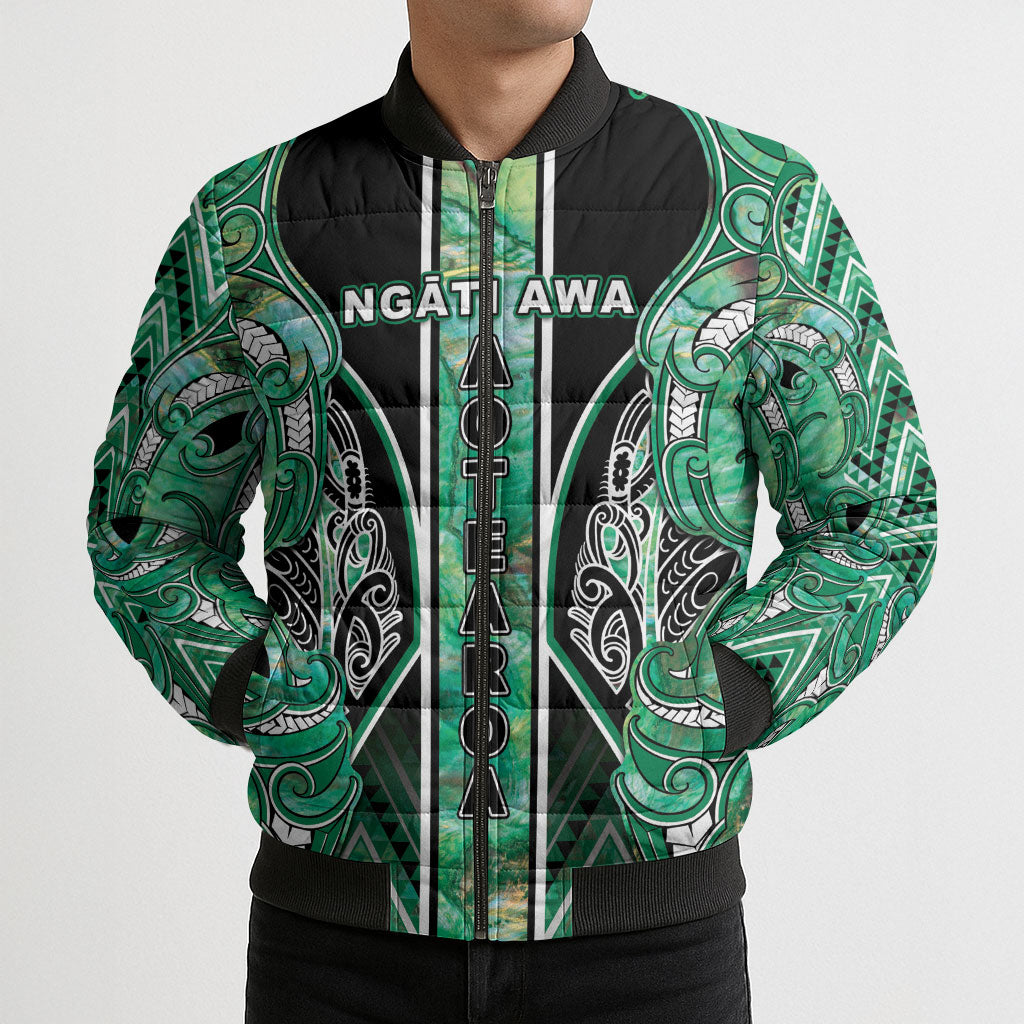 Aotearoa Ngati Awa Bomber Puffer Jacket Maori Tribal Green Marble Paua Shell Pattern DT05 - Polynesian Pride