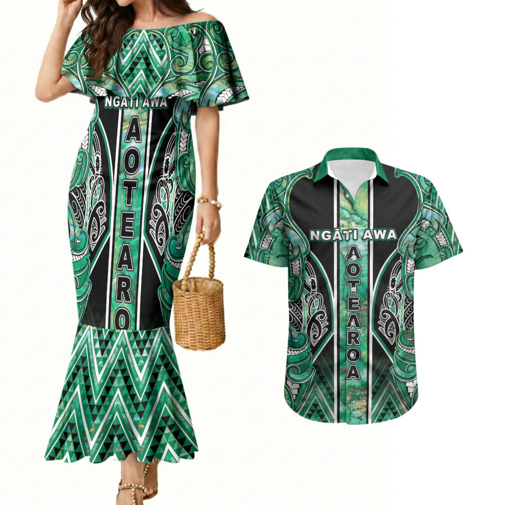 Aotearoa Ngati Awa Couples Matching Mermaid Dress and Hawaiian Shirt Maori Tribal Green Marble Paua Shell Pattern DT05 Green - Polynesian Pride