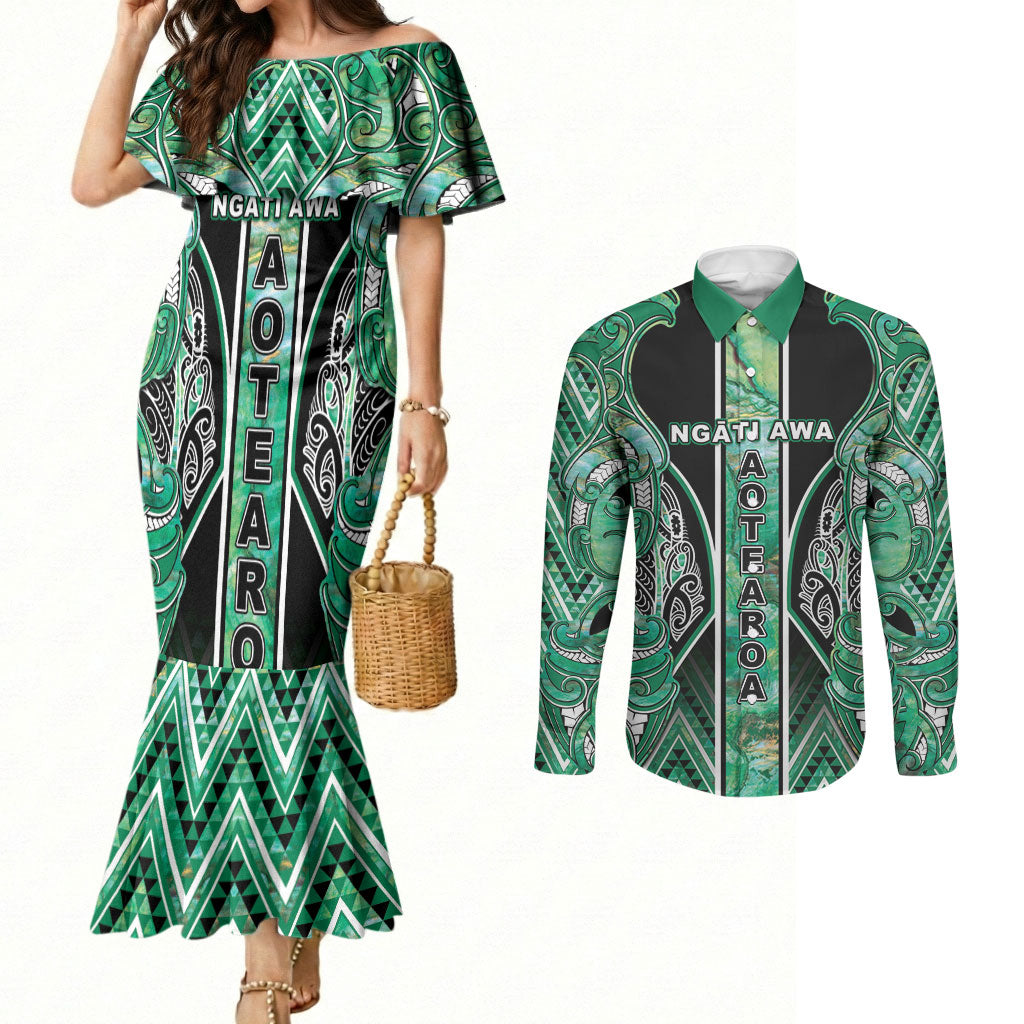 Aotearoa Ngati Awa Couples Matching Mermaid Dress and Long Sleeve Button Shirt Maori Tribal Green Marble Paua Shell Pattern DT05 Green - Polynesian Pride