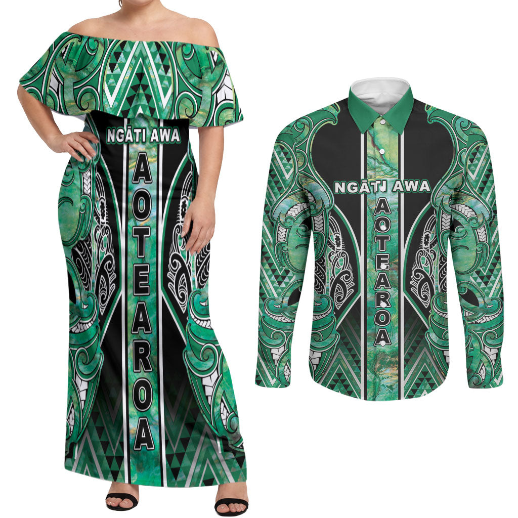 Aotearoa Ngati Awa Couples Matching Off Shoulder Maxi Dress and Long Sleeve Button Shirt Maori Tribal Green Marble Paua Shell Pattern DT05 Green - Polynesian Pride