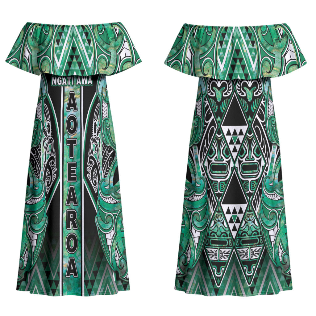 Aotearoa Ngati Awa Couples Matching Off Shoulder Maxi Dress and Long Sleeve Button Shirt Maori Tribal Green Marble Paua Shell Pattern DT05 - Polynesian Pride