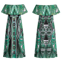 Aotearoa Ngati Awa Couples Matching Off Shoulder Maxi Dress and Long Sleeve Button Shirt Maori Tribal Green Marble Paua Shell Pattern DT05 - Polynesian Pride