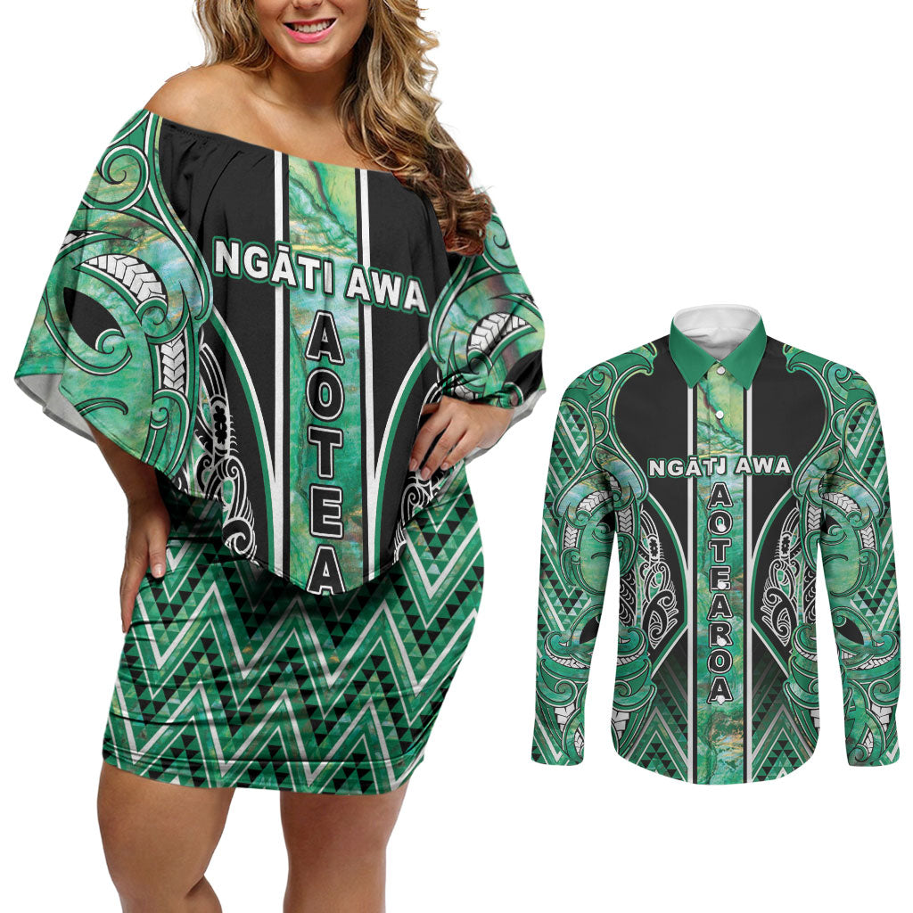 Aotearoa Ngati Awa Couples Matching Off Shoulder Short Dress and Long Sleeve Button Shirt Maori Tribal Green Marble Paua Shell Pattern DT05 Green - Polynesian Pride