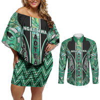 Aotearoa Ngati Awa Couples Matching Off Shoulder Short Dress and Long Sleeve Button Shirt Maori Tribal Green Marble Paua Shell Pattern DT05 Green - Polynesian Pride
