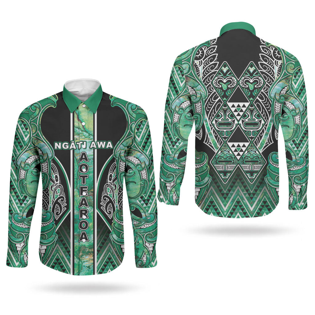Aotearoa Ngati Awa Couples Matching Off Shoulder Short Dress and Long Sleeve Button Shirt Maori Tribal Green Marble Paua Shell Pattern DT05 - Polynesian Pride