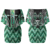 Aotearoa Ngati Awa Couples Matching Off Shoulder Short Dress and Long Sleeve Button Shirt Maori Tribal Green Marble Paua Shell Pattern DT05 - Polynesian Pride