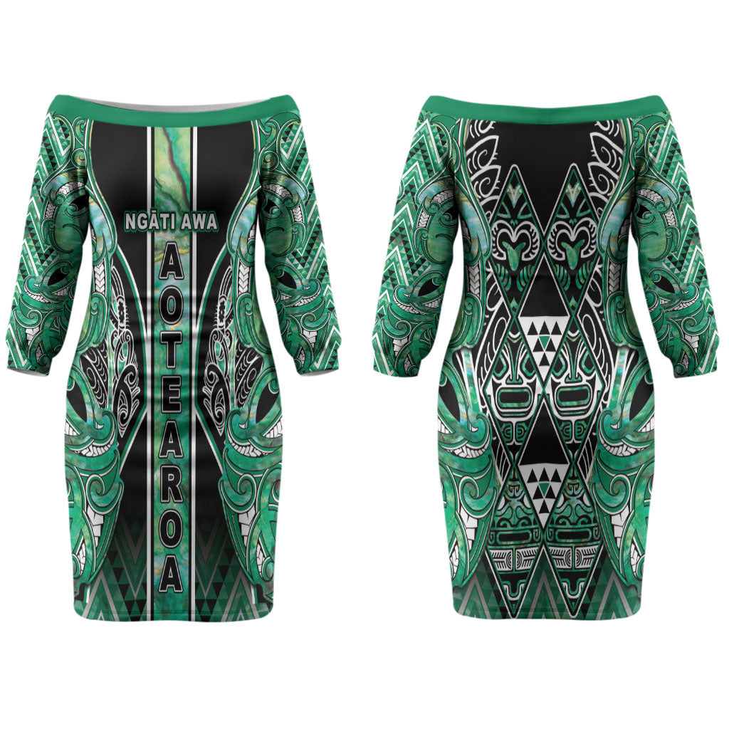 Aotearoa Ngati Awa Couples Matching Off The Shoulder Long Sleeve Dress and Hawaiian Shirt Maori Tribal Green Marble Paua Shell Pattern DT05 - Polynesian Pride