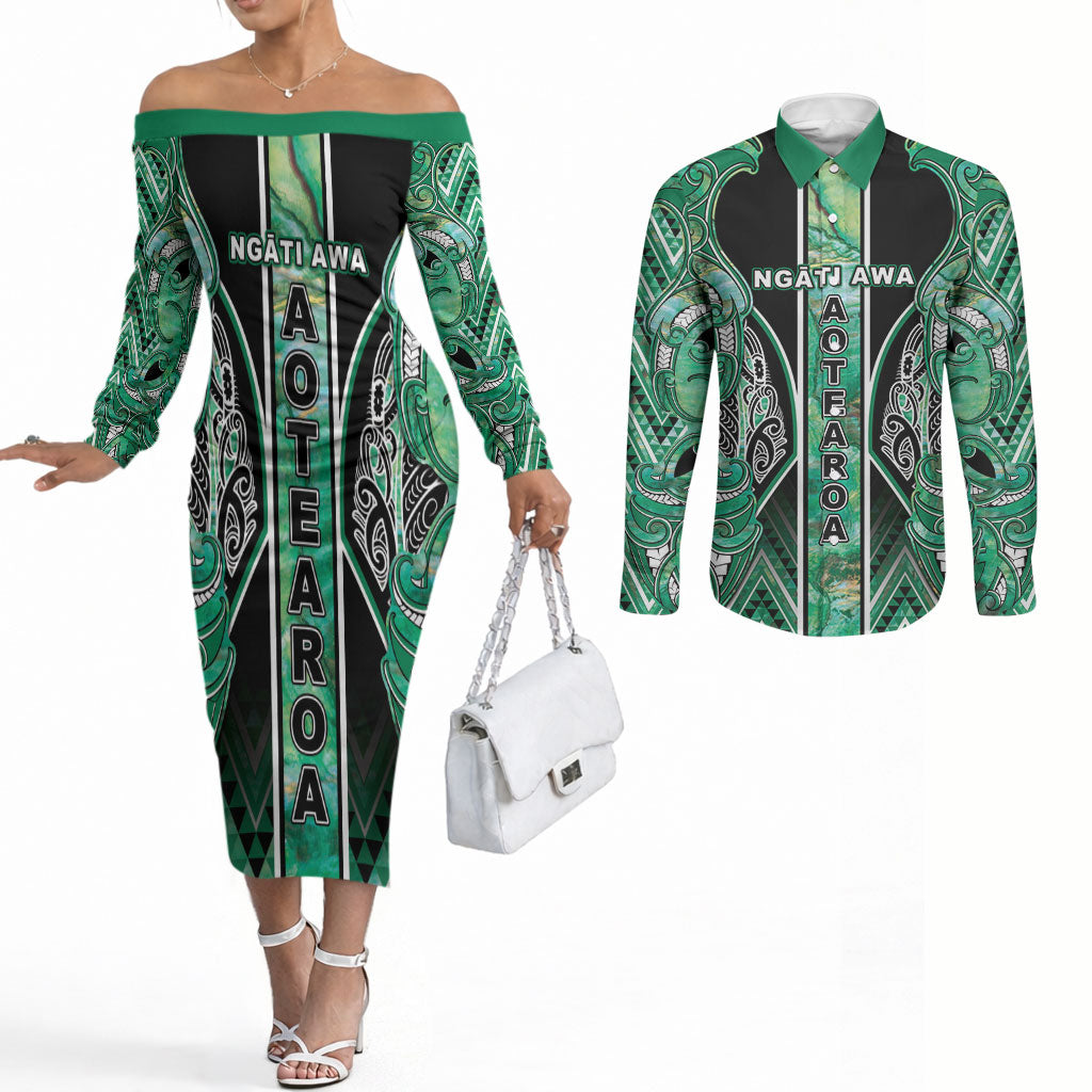 Aotearoa Ngati Awa Couples Matching Off The Shoulder Long Sleeve Dress and Long Sleeve Button Shirt Maori Tribal Green Marble Paua Shell Pattern DT05 Green - Polynesian Pride