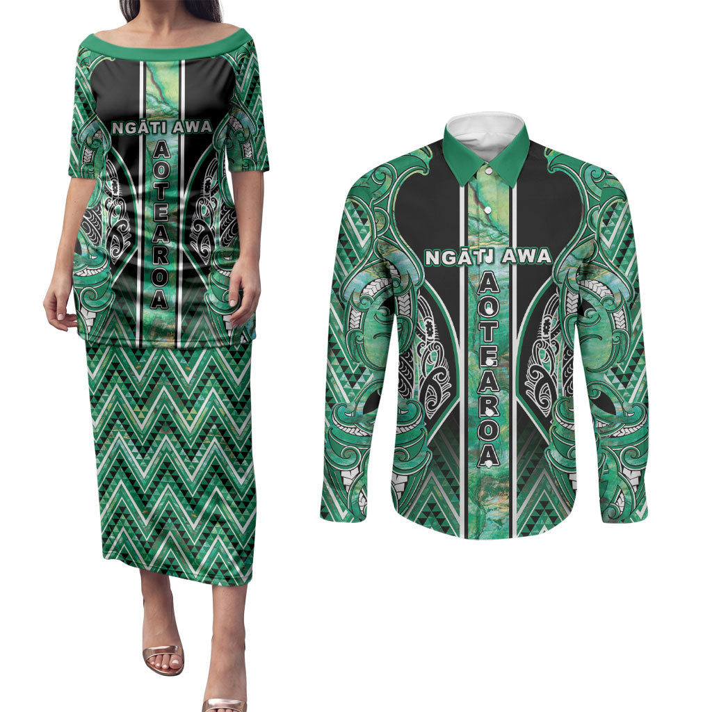 Aotearoa Ngati Awa Couples Matching Puletasi and Long Sleeve Button Shirt Maori Tribal Green Marble Paua Shell Pattern DT05 Green - Polynesian Pride