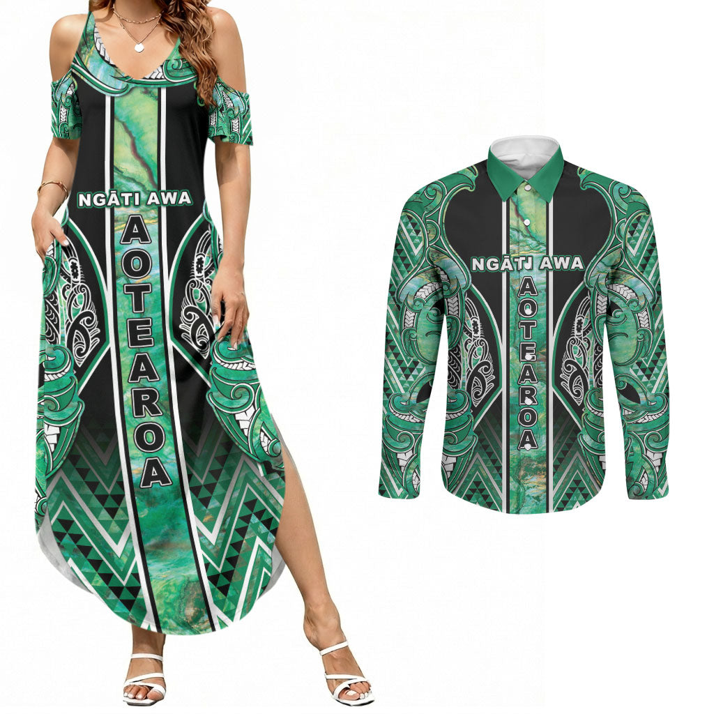 Aotearoa Ngati Awa Couples Matching Summer Maxi Dress and Long Sleeve Button Shirt Maori Tribal Green Marble Paua Shell Pattern DT05 Green - Polynesian Pride