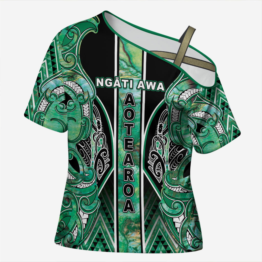 Aotearoa Ngati Awa Cross Shoulder Shirt Maori Tribal Green Marble Paua Shell Pattern DT05 Female Green - Polynesian Pride