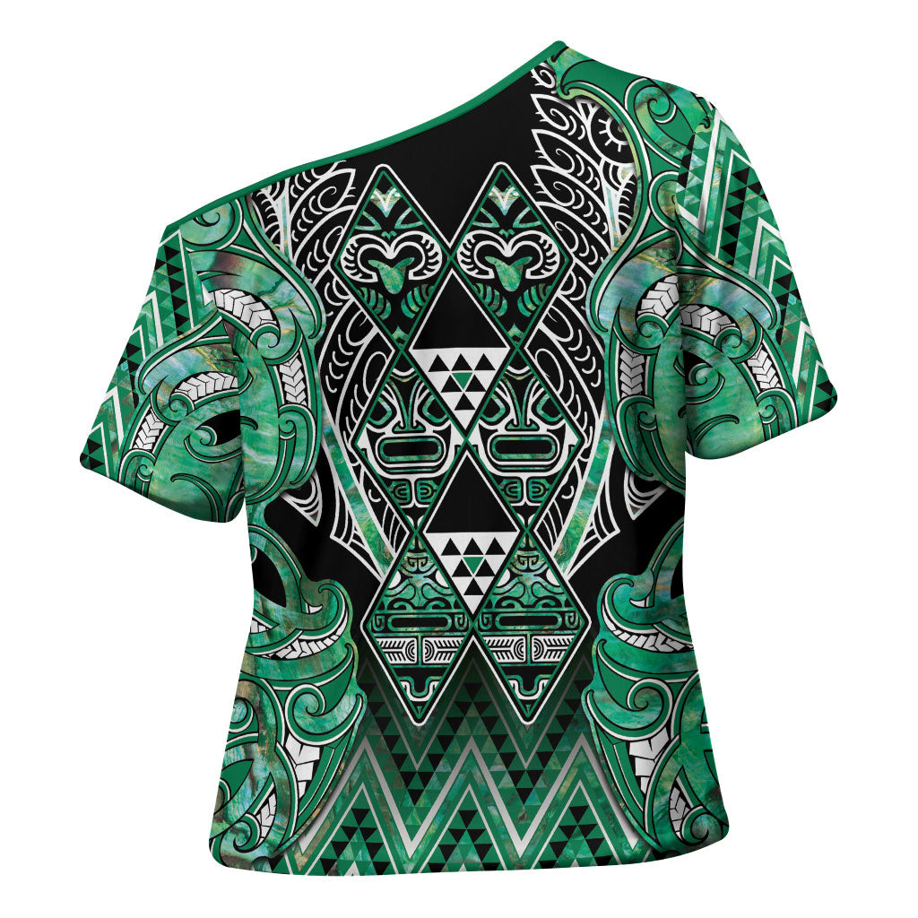 Aotearoa Ngati Awa Cross Shoulder Shirt Maori Tribal Green Marble Paua Shell Pattern DT05 - Polynesian Pride