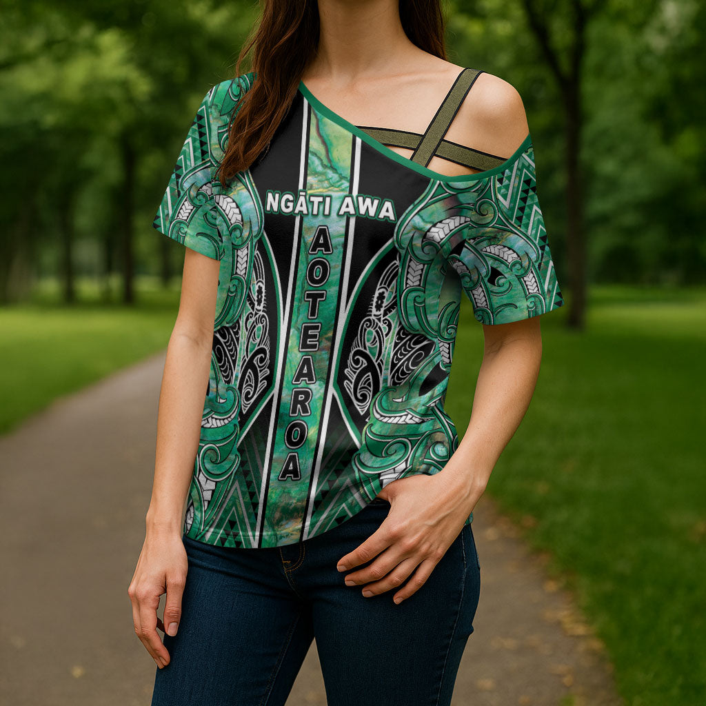 Aotearoa Ngati Awa Cross Shoulder Shirt Maori Tribal Green Marble Paua Shell Pattern DT05 - Polynesian Pride