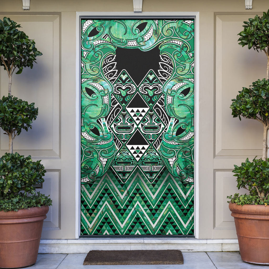 Aotearoa Ngati Awa Door Cover Maori Tribal Green Marble Paua Shell Pattern