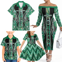 Aotearoa Ngati Awa Family Matching Off The Shoulder Long Sleeve Dress and Hawaiian Shirt Maori Tribal Green Marble Paua Shell Pattern DT05 - Polynesian Pride