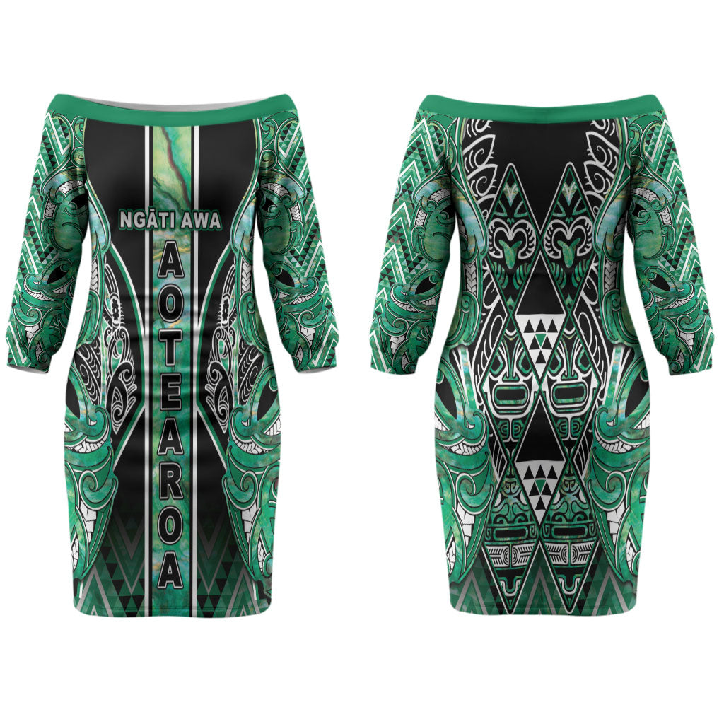 Aotearoa Ngati Awa Family Matching Off The Shoulder Long Sleeve Dress and Hawaiian Shirt Maori Tribal Green Marble Paua Shell Pattern DT05 Mom's Dress Green - Polynesian Pride
