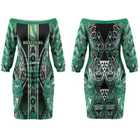Aotearoa Ngati Awa Family Matching Off The Shoulder Long Sleeve Dress and Hawaiian Shirt Maori Tribal Green Marble Paua Shell Pattern DT05 Mom's Dress Green - Polynesian Pride
